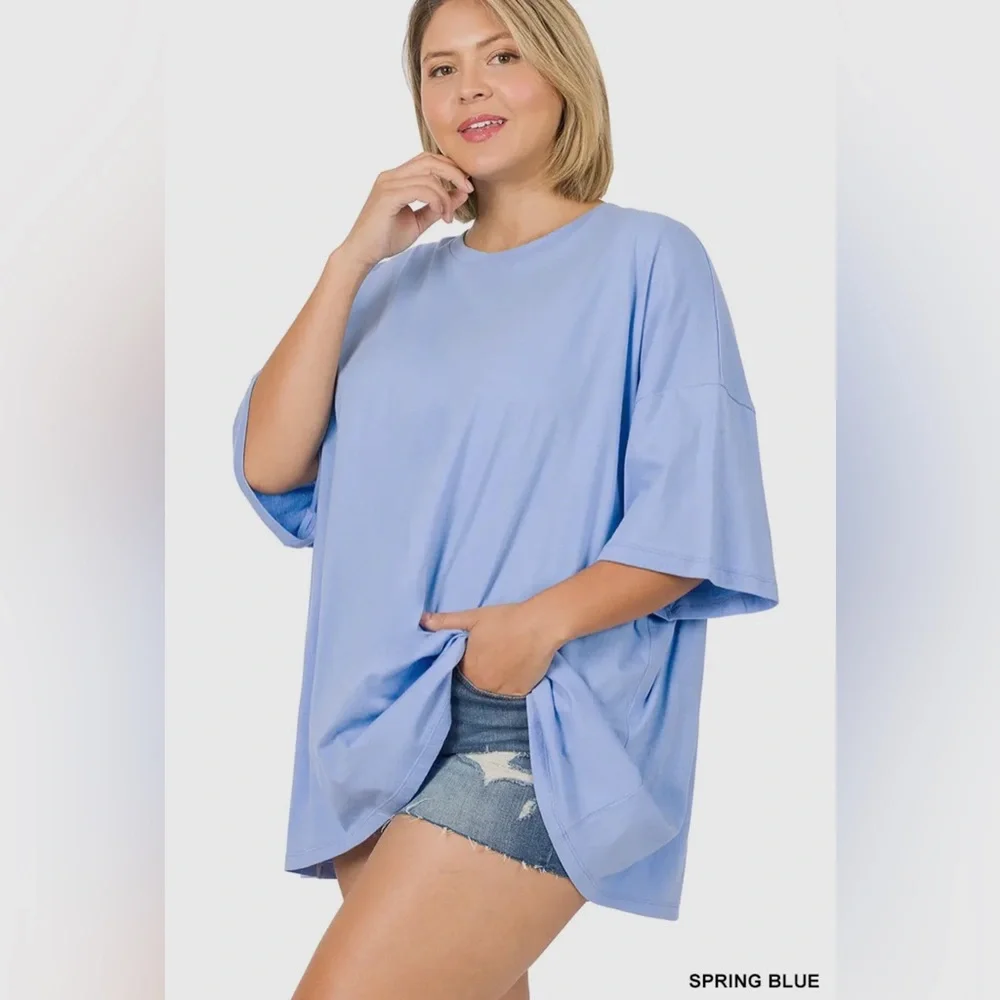 Plus Size Spring Blue Cotton Drop Shoulder Boyfriend Box Tee - Picture 2 of 3